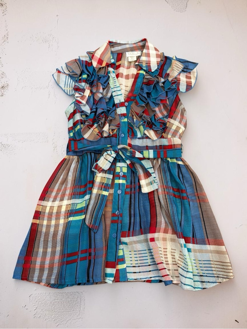 Y2K Geri C. New York Women's Small Multicolor Plaid Patchwork Ruffled tunic Top